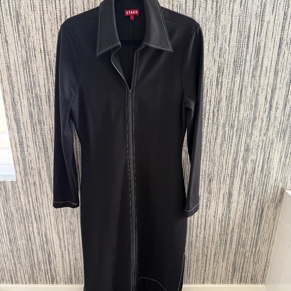 STAUD Dresses & Skirts - STAUD Black Zip-Front Midi Dress with Contrast Stitching (Size L)